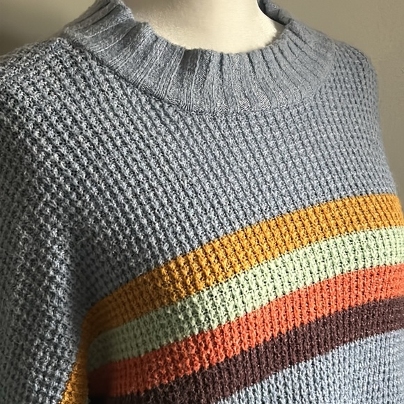 SO Women’s Oversized Fuzzy Waffle Knit Mock Neck Cozy Striped Sweater - Picture 3 of 8